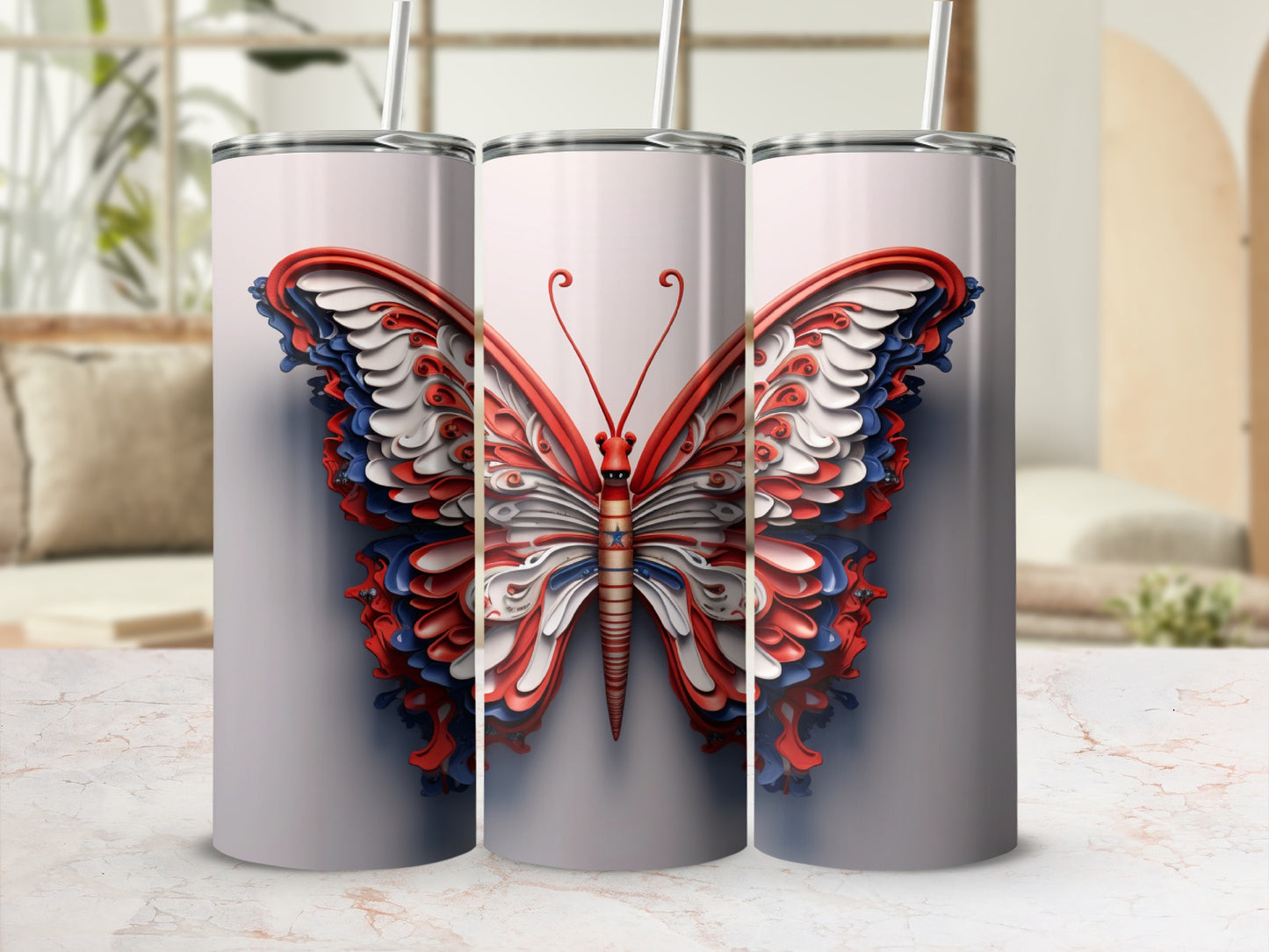 Butterfly tumbler with patriotic red, white, and blue flag design.