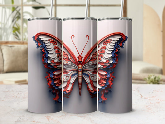Butterfly tumbler with patriotic red, white, and blue flag design.