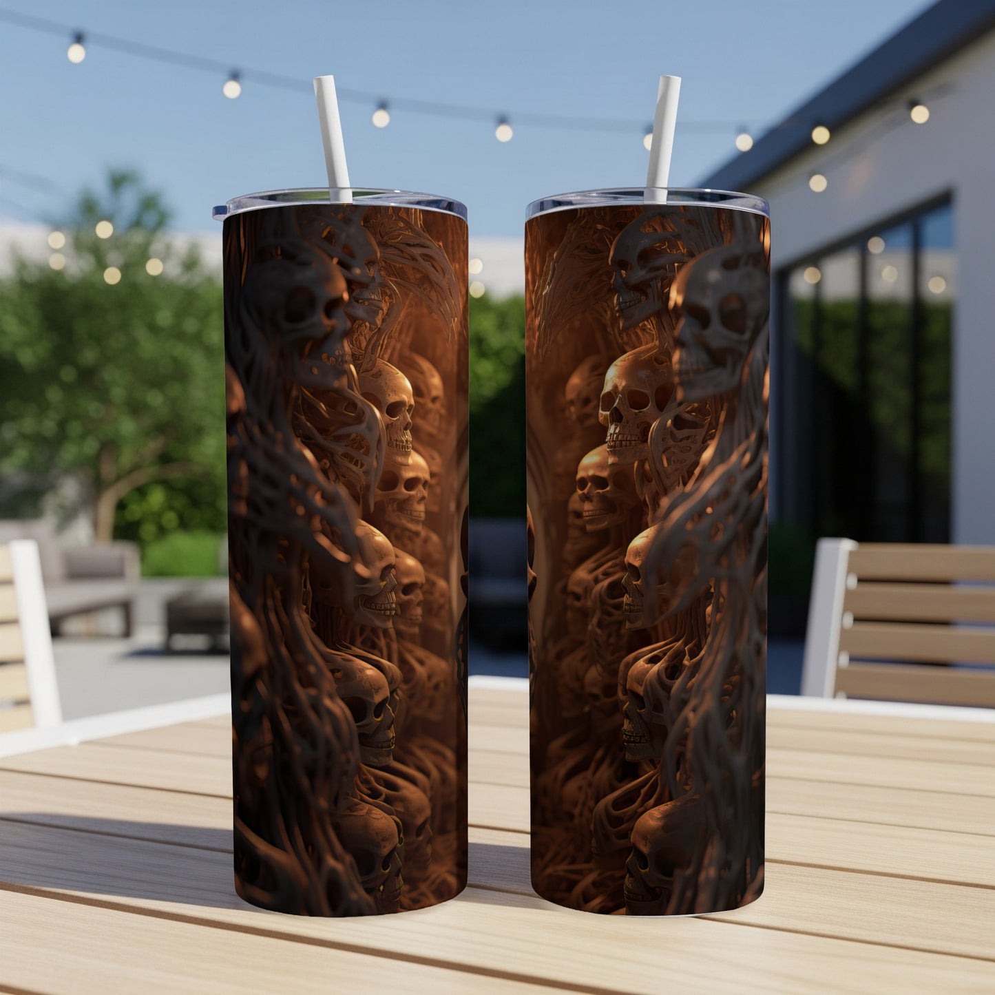 Two tumblers with a repeating pattern of skulls and bone-like structures.