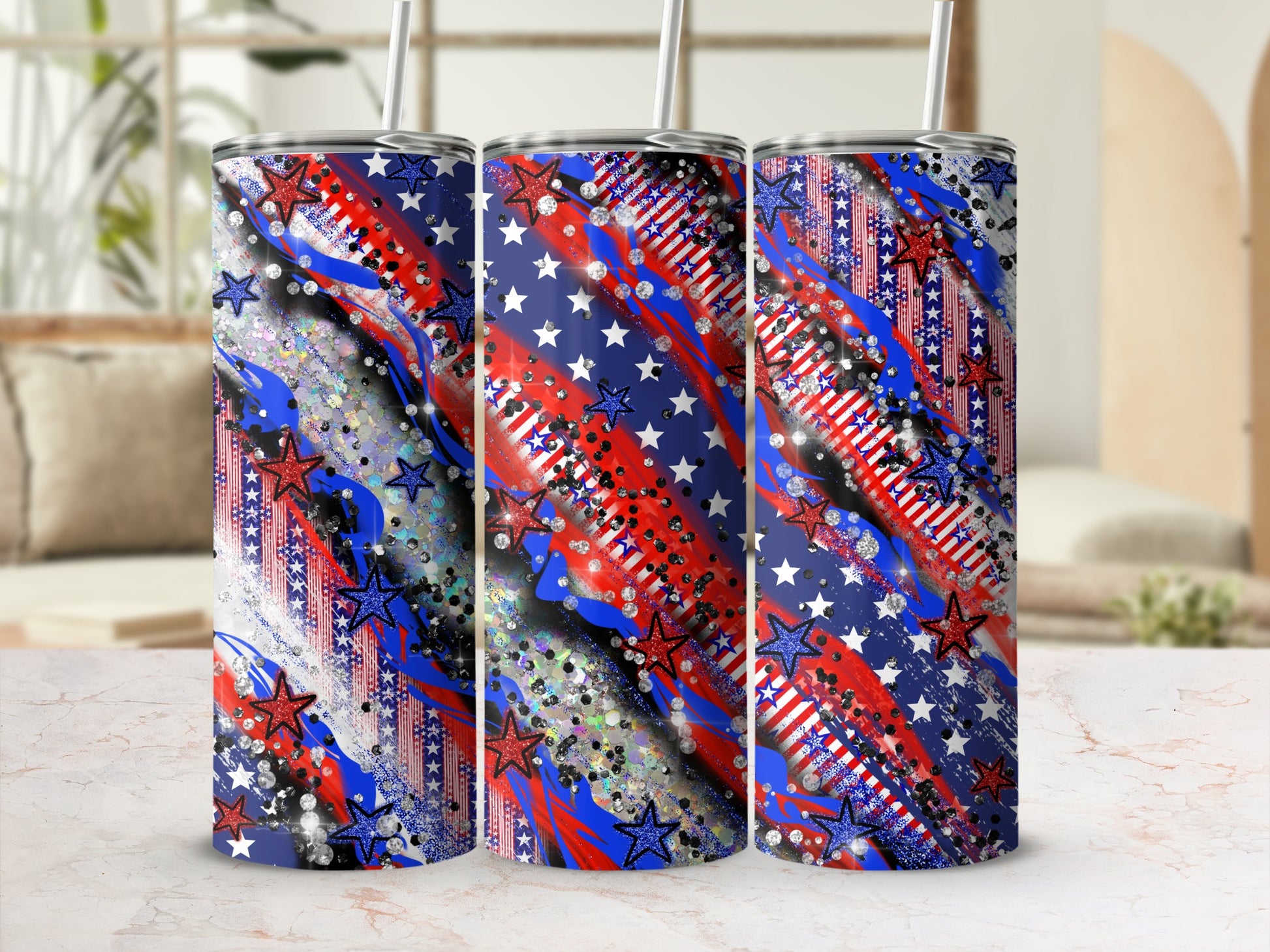 Red, white, and blue patriotic tumbler with stars and glitter pattern.