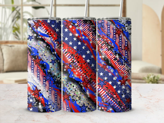 Red, white, and blue patriotic tumbler with stars and glitter pattern.