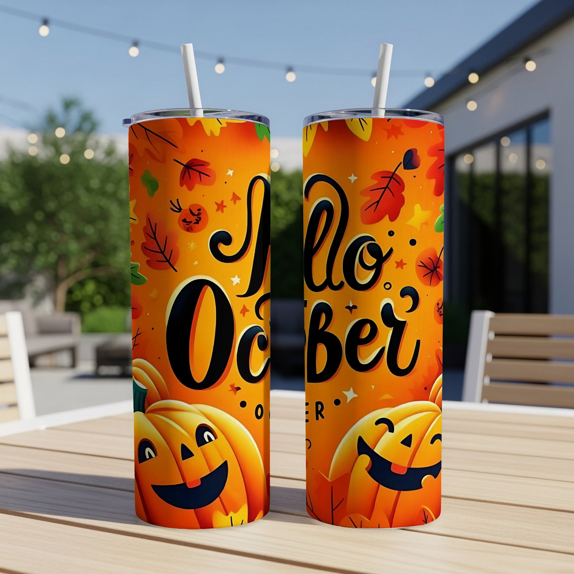 Halloween tumblers with pumpkins and autumn leaves, saying "Hello October".