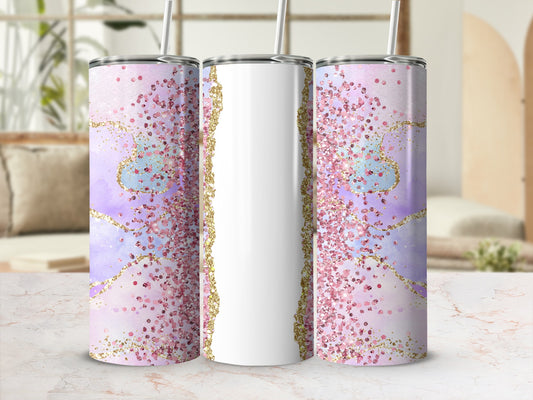 Three tall tumblers with glitter and pastel watercolor patterns.