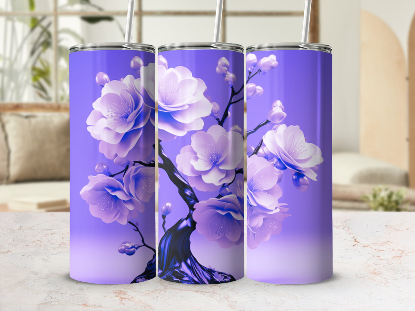 Purple floral pattern on three cylindrical tumblers with straws.
