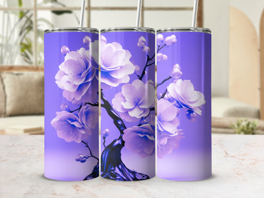 Purple floral pattern on three cylindrical tumblers with straws.