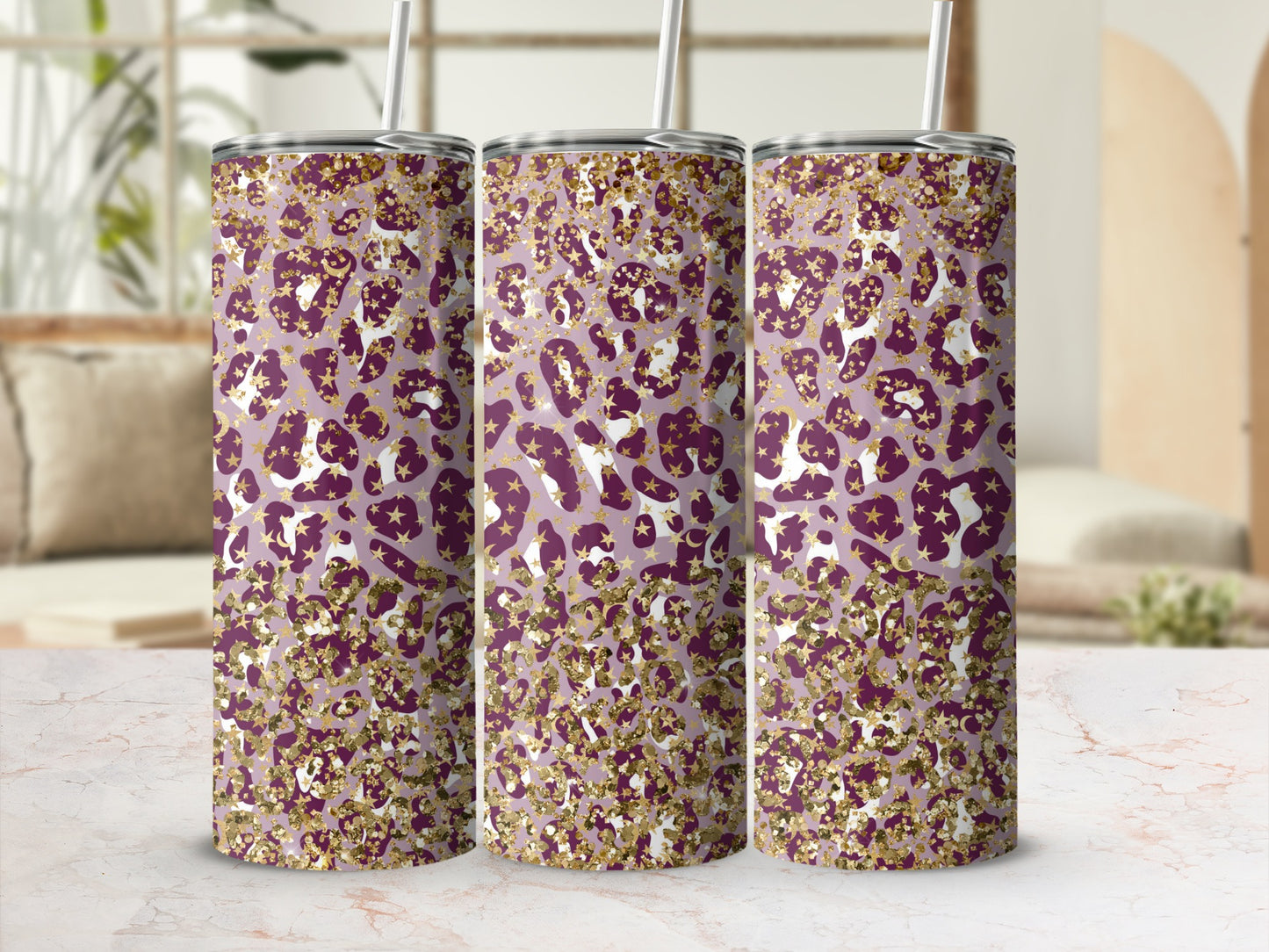 Sparkly Purple and Gold Leopard Print Tumbler Cup