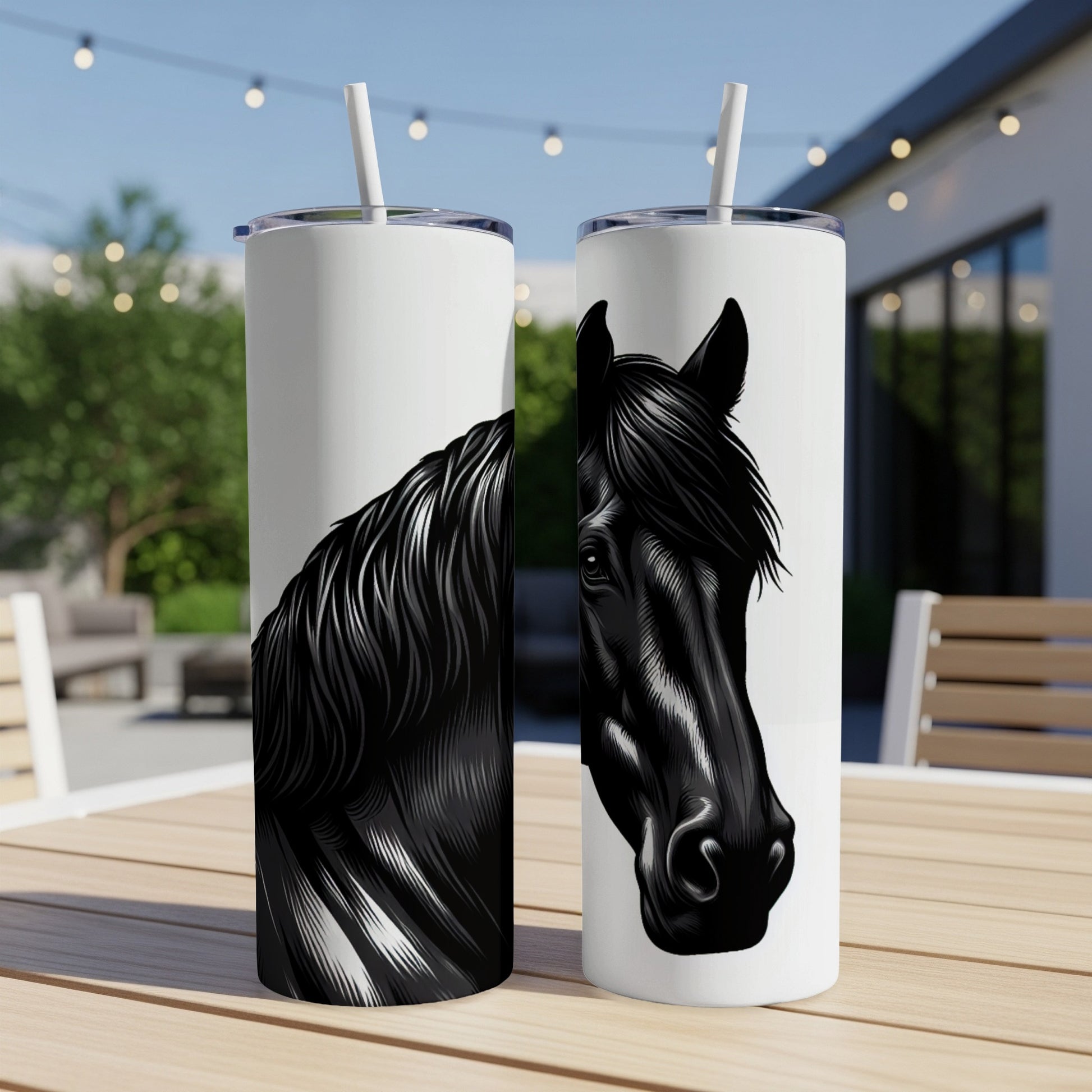 Black horse head illustration on two white stainless steel tumblers.