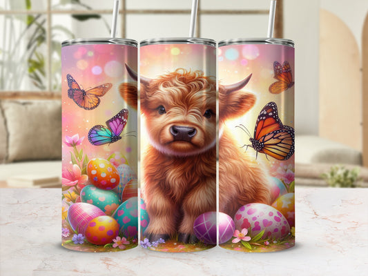 Fluffy Highland cow with colorful Easter eggs and butterflies.