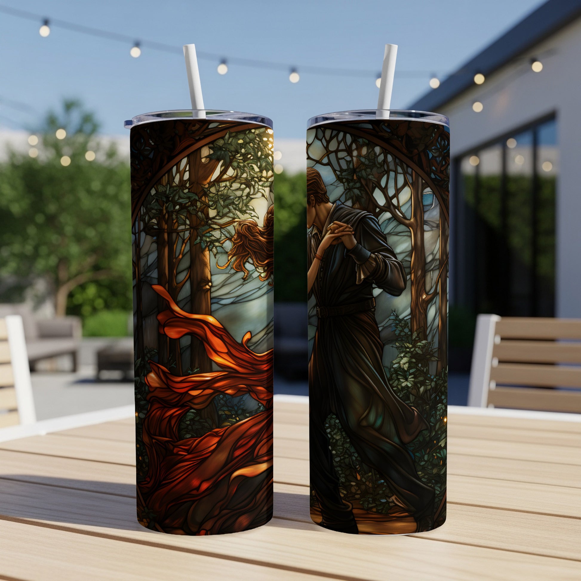 Two tumblers with fantasy art of a couple dancing among stained glass trees.