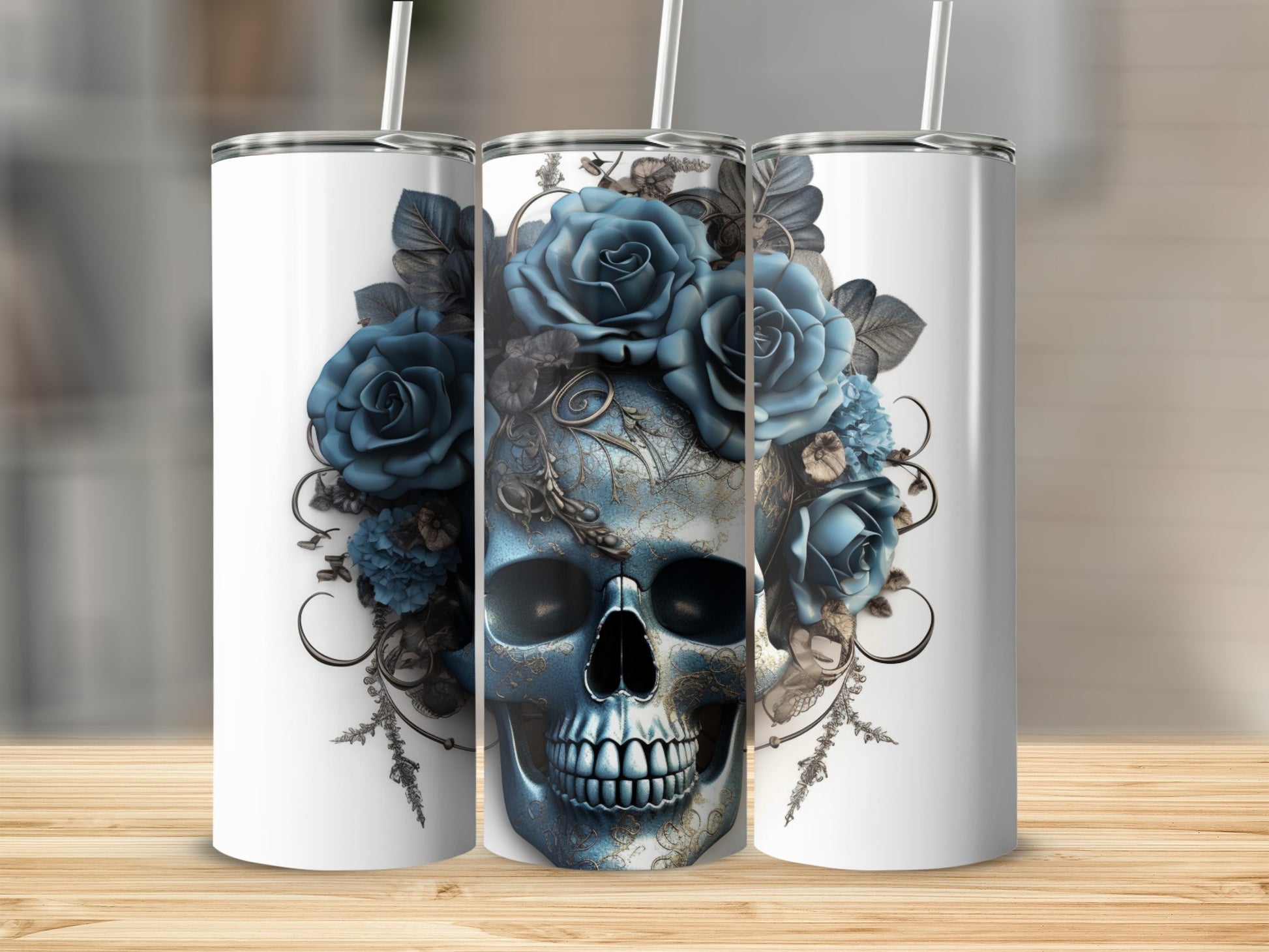 Blue Floral Skull Art Tumbler for a Unique Drinkware