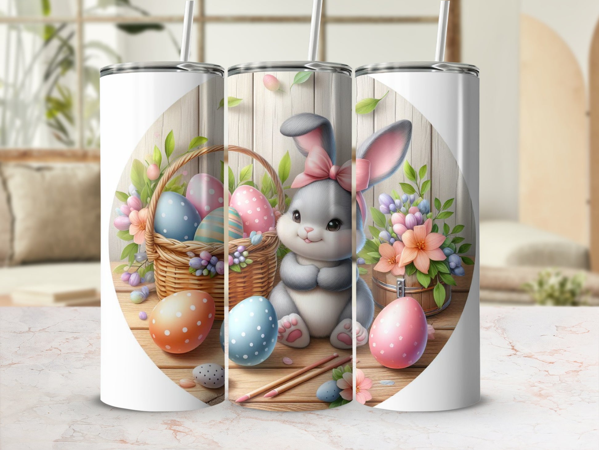 Cute Easter bunny with basket of painted eggs and flowers.