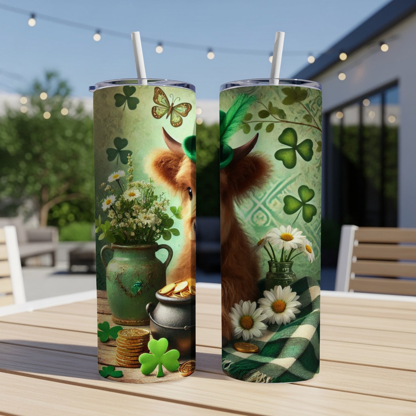 Highland cow with shamrocks and gold coins on St. Patrick's Day tumbler.