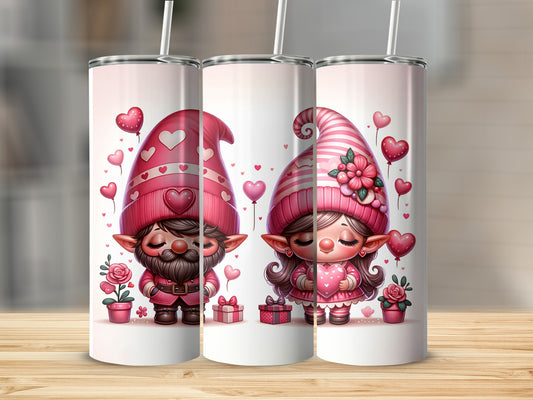 Two Valentine gnomes in pink hats holding hearts, with gift boxes and balloons.