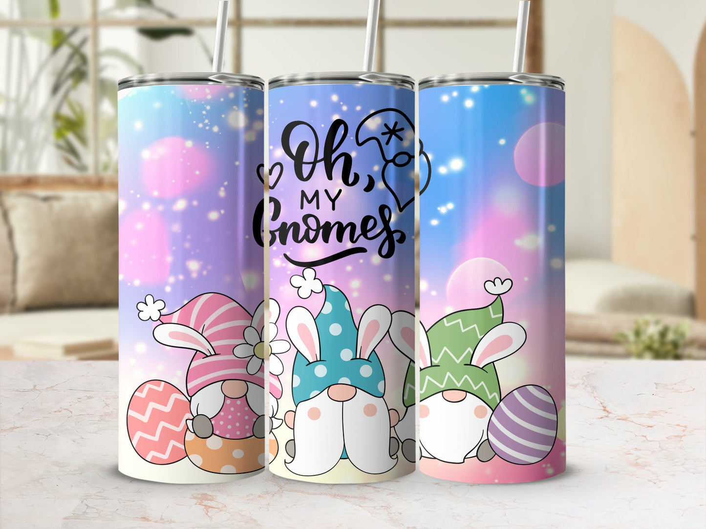 Oh My Gnomes Bunny Easter Tumbler with Straw