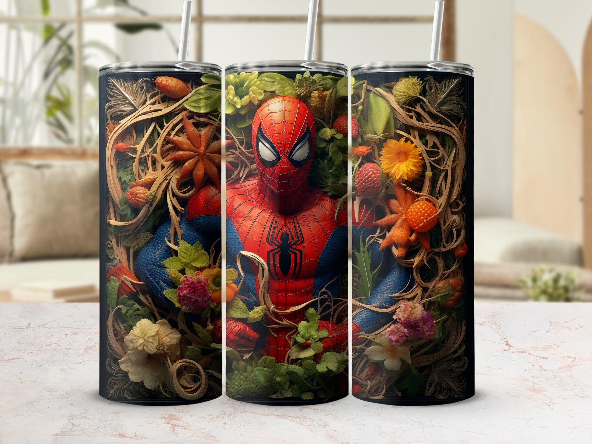 Colorful Floral Spider-Man Design Tumbler Set