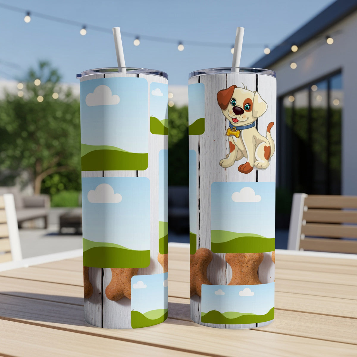 Tumblers with a cartoon dog, bone, and landscape pattern.