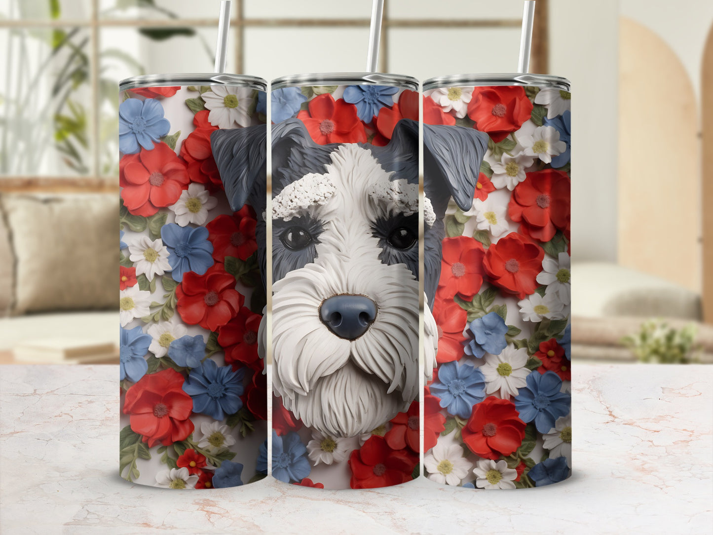 Schnauzer dog portrait on a floral patterned tumbler with straw.