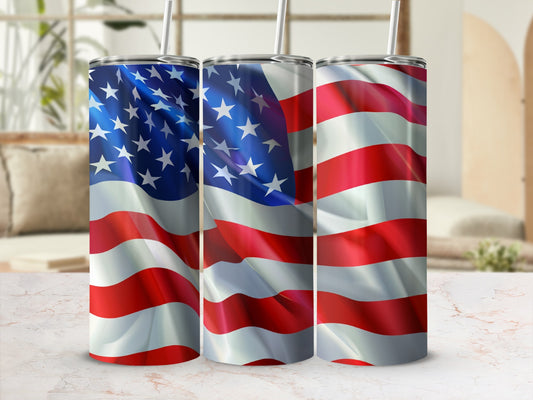 Three tumblers with American flag design, showing stars and stripes patterns.