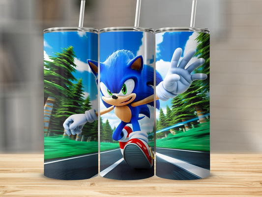 Sonic the Hedgehog running on a road with trees in the background.