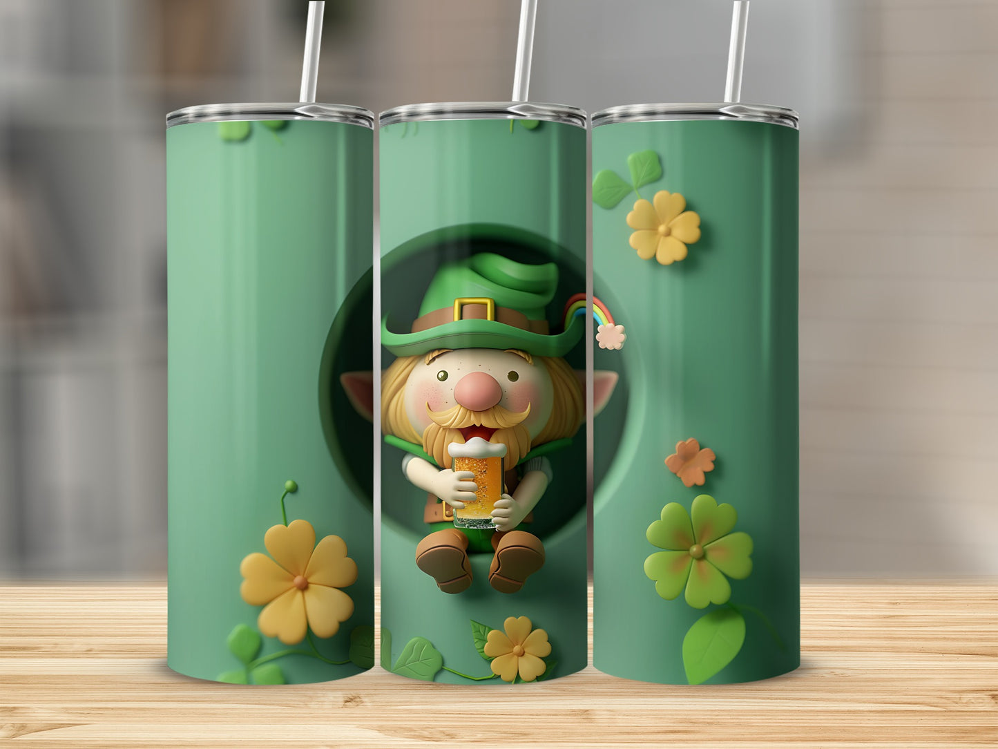 Green tumbler with a leprechaun holding a beer, surrounded by shamrocks.