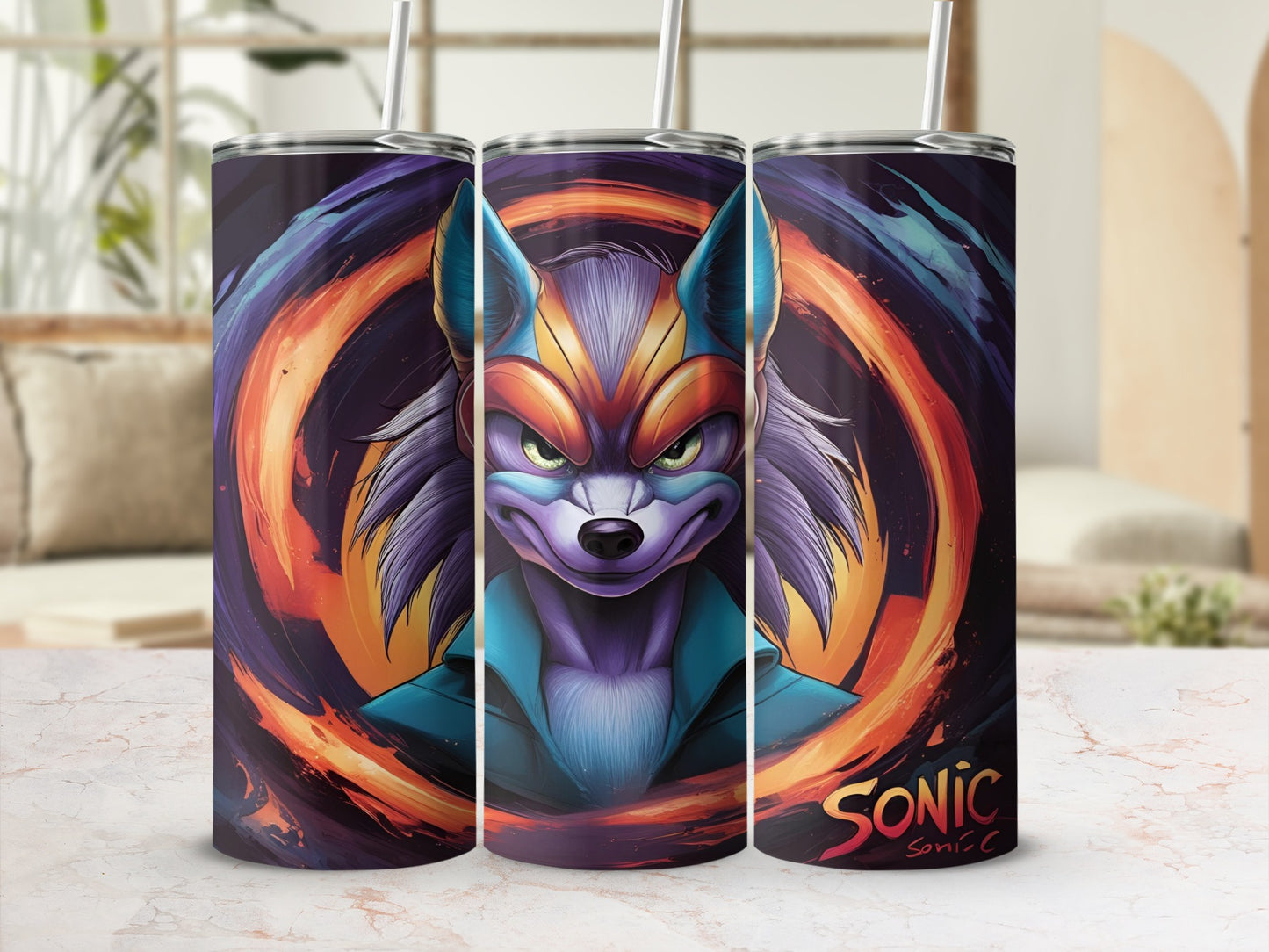 Sonic the Hedgehog character art on a tumbler with a swirling background.