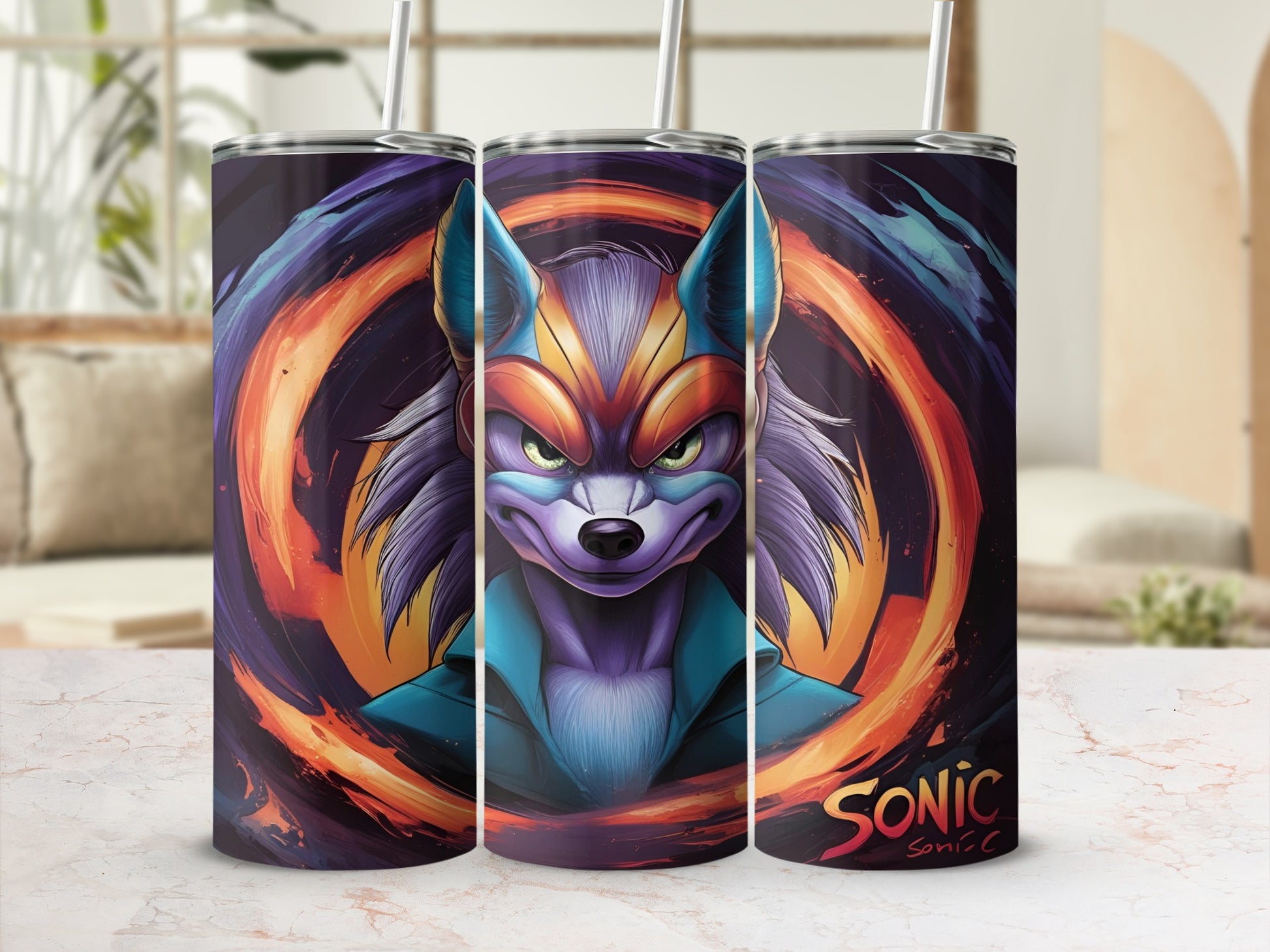 Sonic the Hedgehog character art on a tumbler with a swirling background.