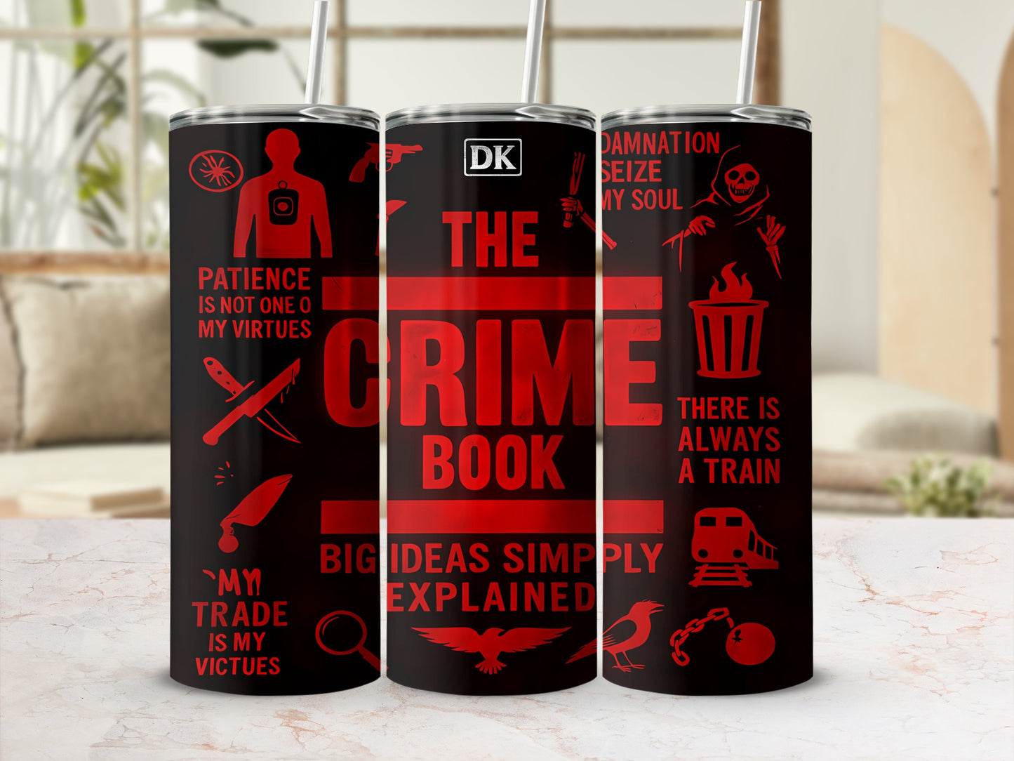 Black tumbler with red text and icons related to crime, "The Crime Book" prominent.