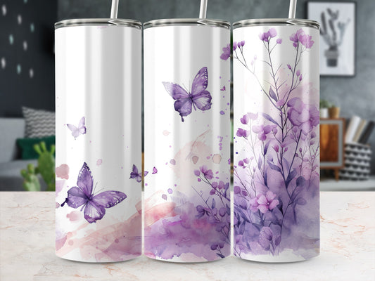 Three tumblers with purple watercolor butterflies and floral designs.