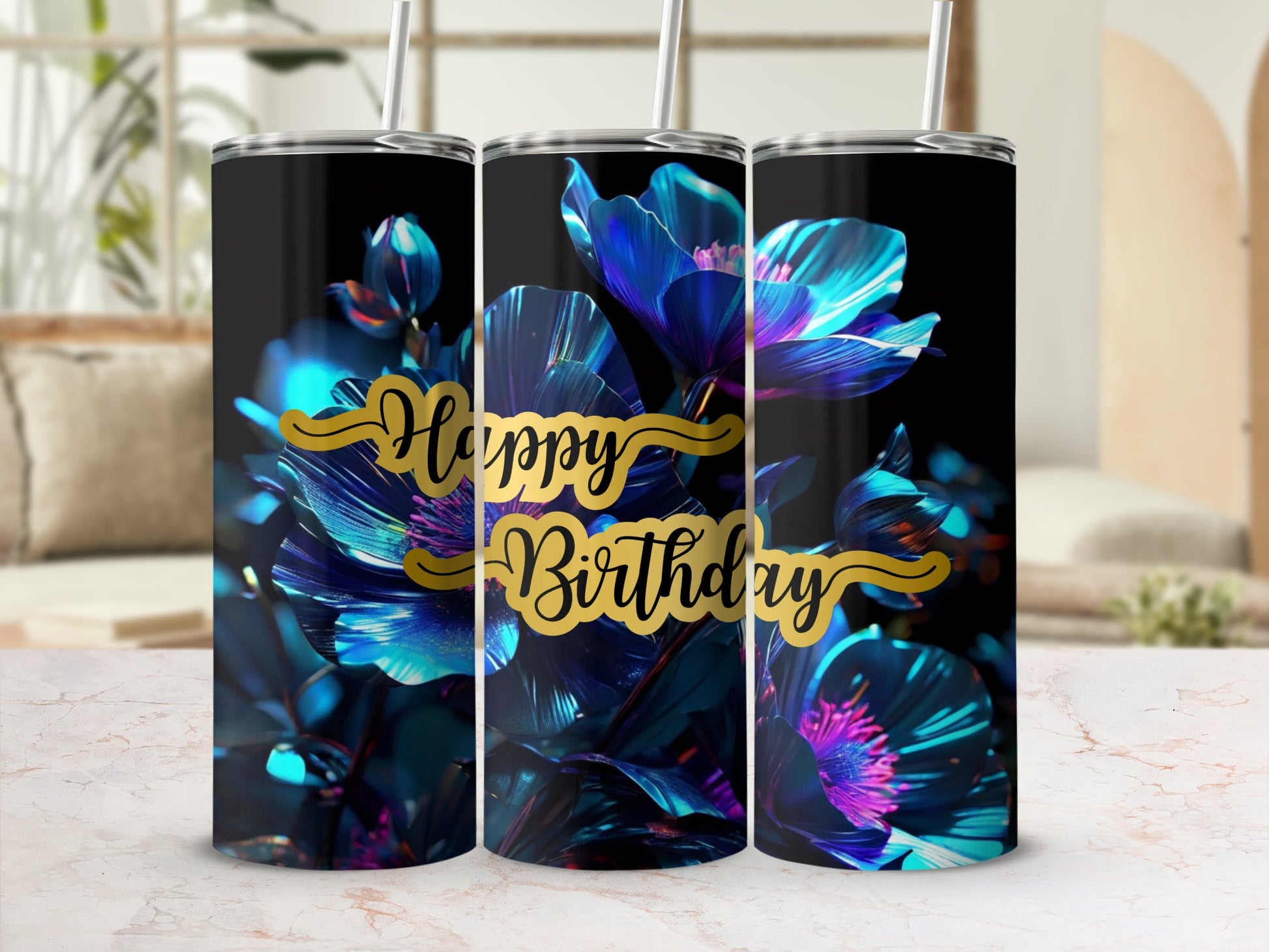 Floral tumbler with "Happy Birthday" text.