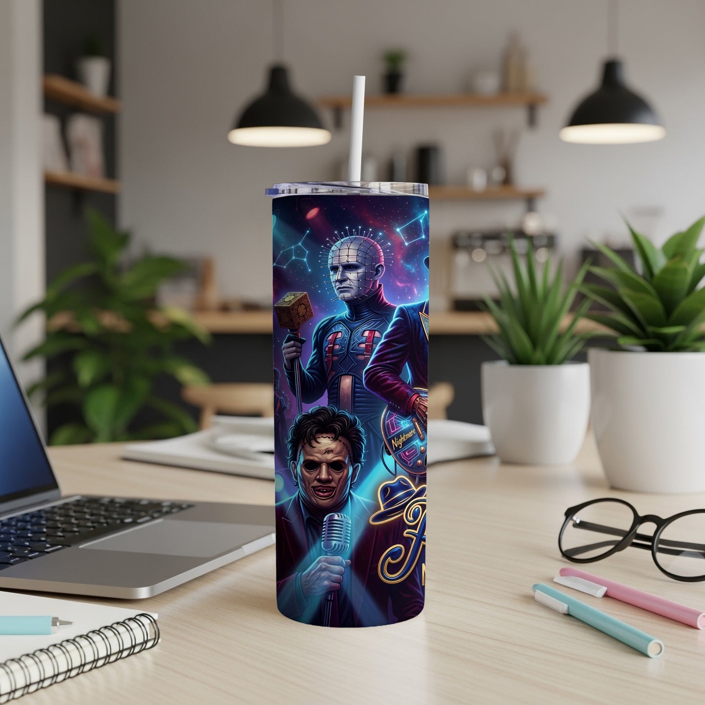 Tumbler with Pinhead, Leatherface, and Nightmare on Elm Street characters on a starry background.