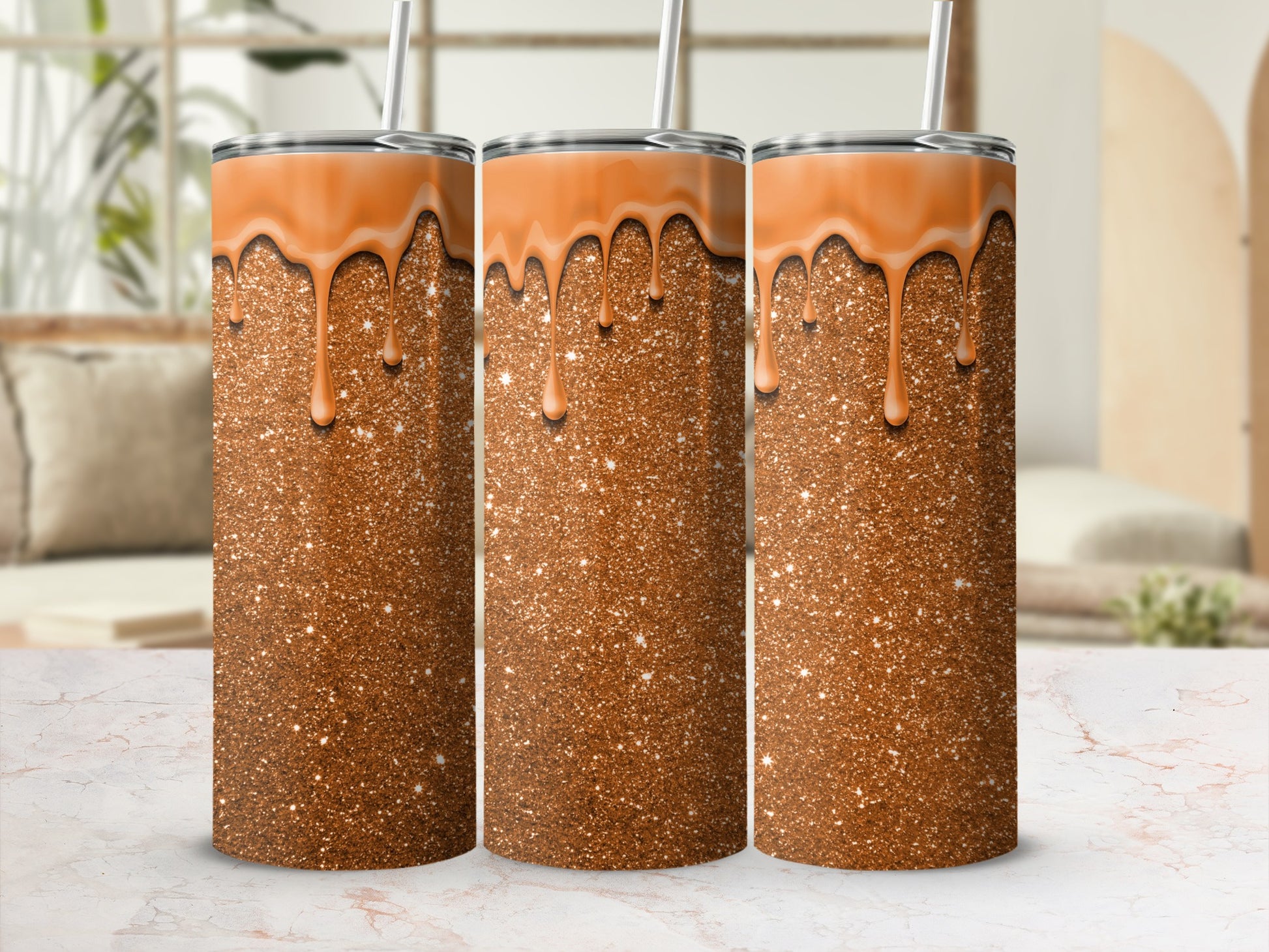 Shimmering Glitter Drip Tumblers with Lids and Straws