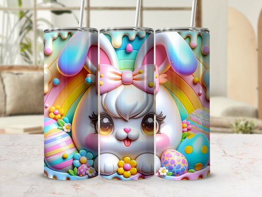 Easter bunny with rainbow and decorated eggs on a tumbler.