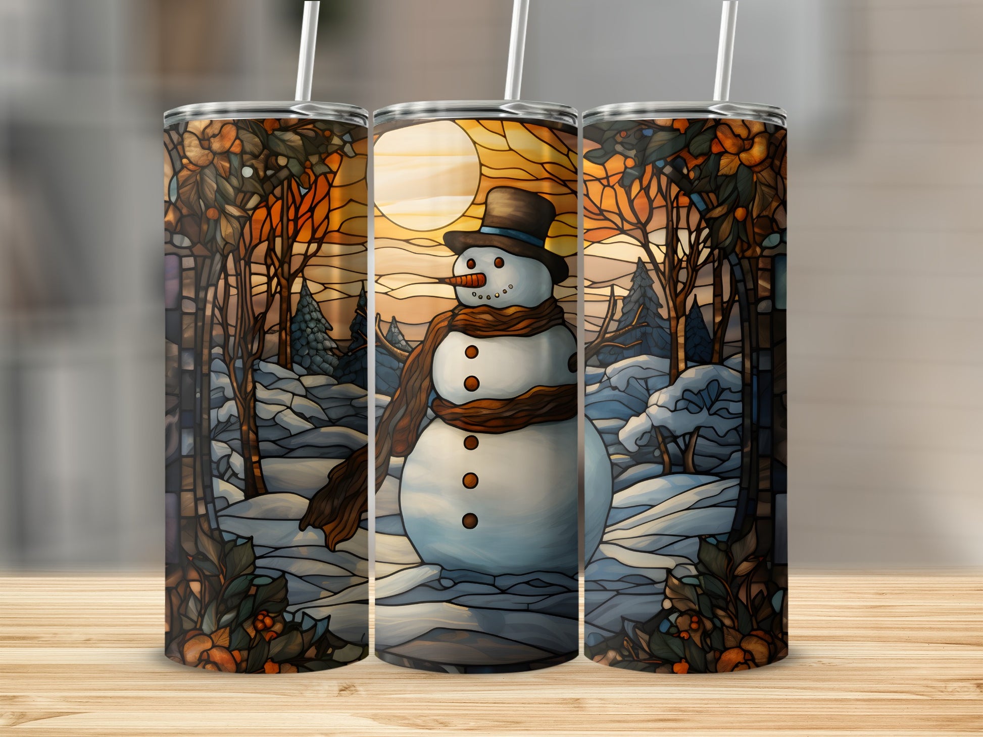 Stained glass snowman in snowy winter scene with sun and trees.