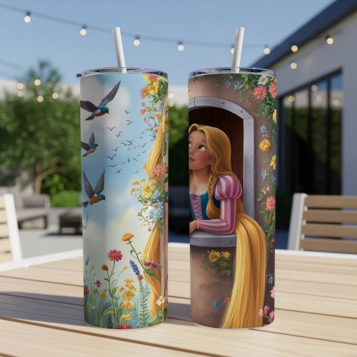Rapunzel in a tower window with birds and flowers on a patterned tumbler.