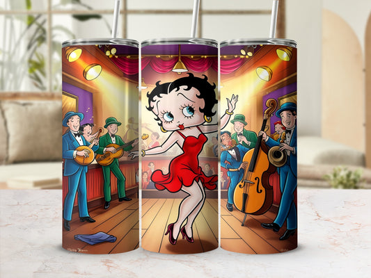 Betty Boop in red dress dancing on stage with a jazz band.