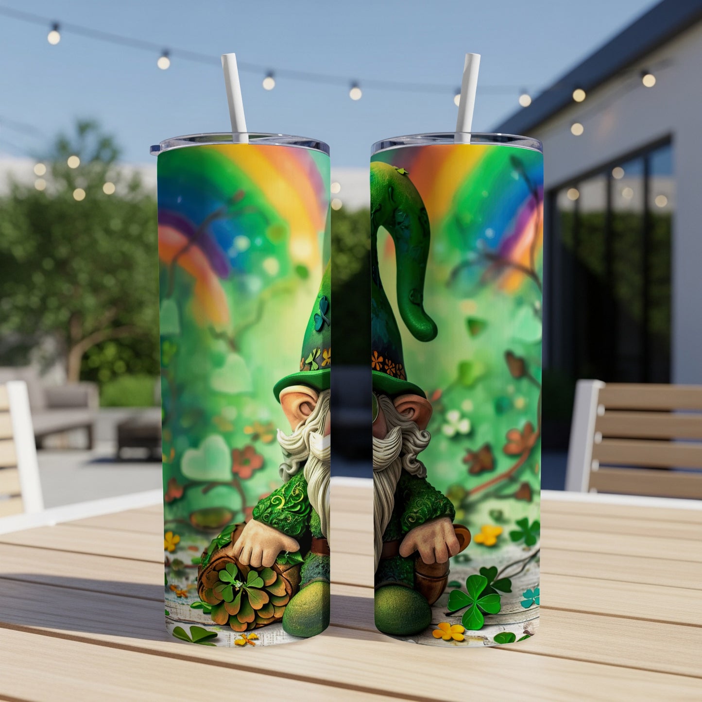 St. Patrick's Day gnome tumbler with shamrocks and rainbow.