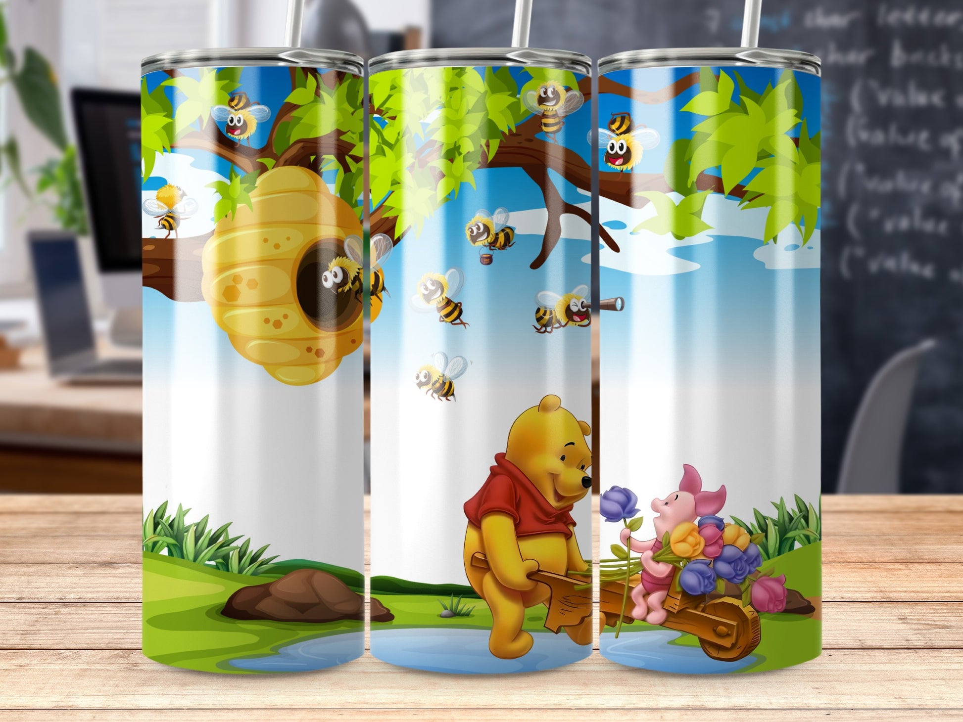 Winnie the Pooh and Piglet enjoying bee nature scene