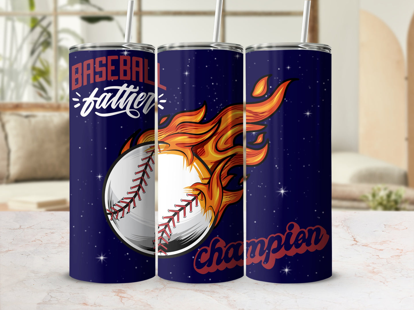 Baseball Father Champion Fiery Print Tumbler Cup