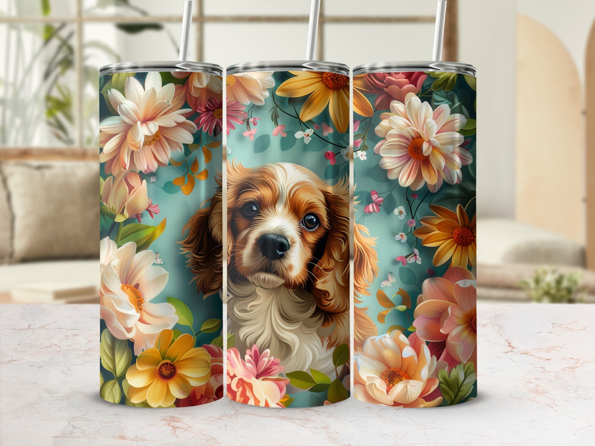 Cavalier King Charles Spaniel with floral pattern on tumbler.