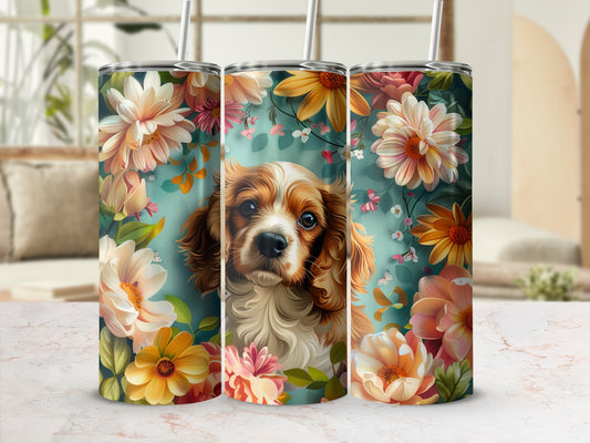 Cavalier King Charles Spaniel with floral pattern on tumbler.