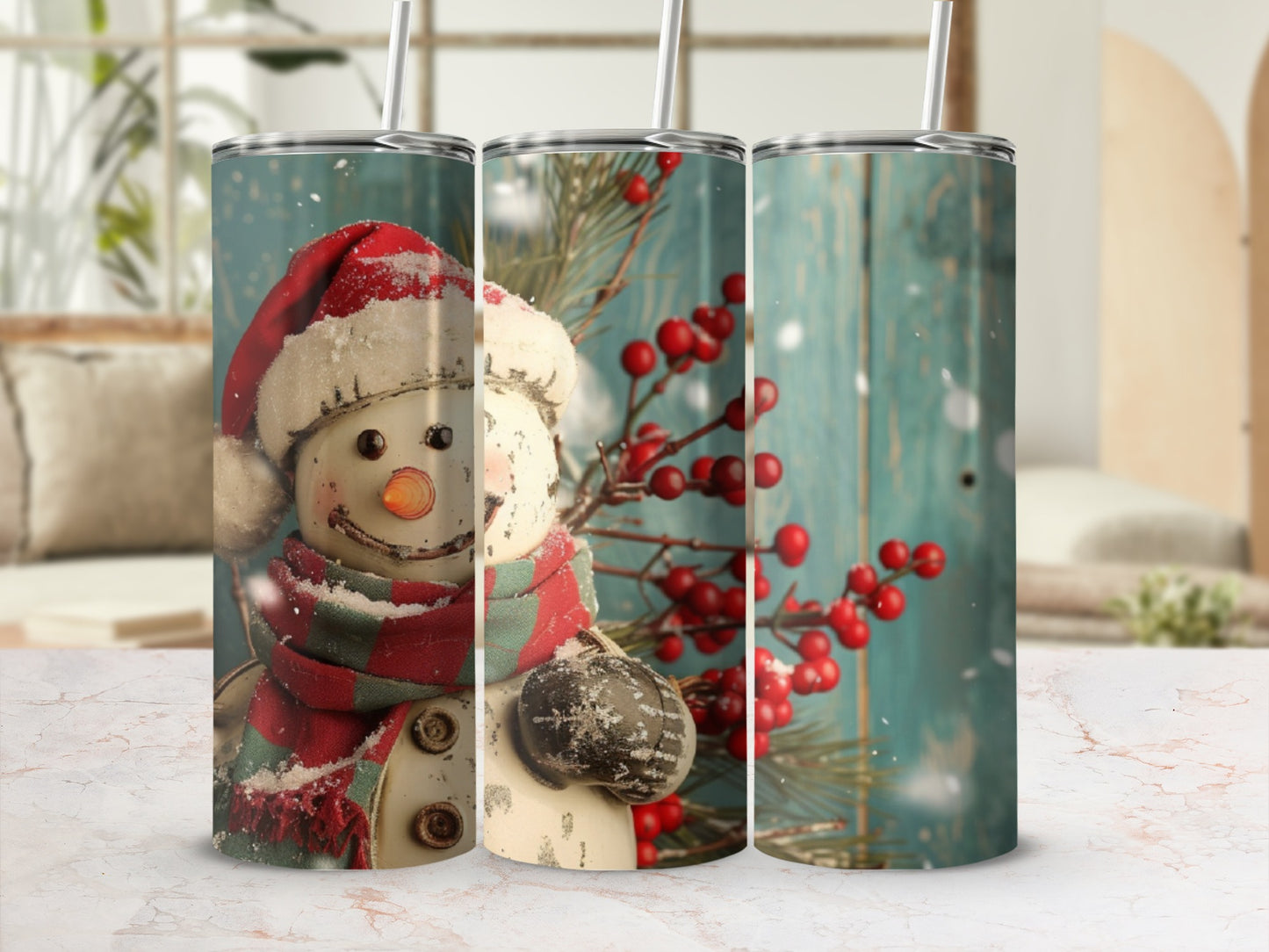 Snowman wearing a Santa hat and scarf, with berries and snow.