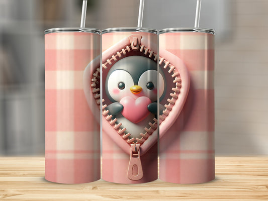 Penguin holding heart inside pink plaid zippered pouch.