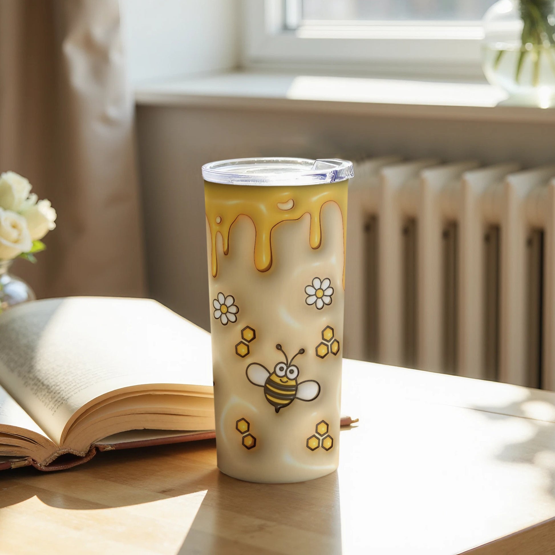 Dripping Honey Bee and Flowers Art Travel Tumbler