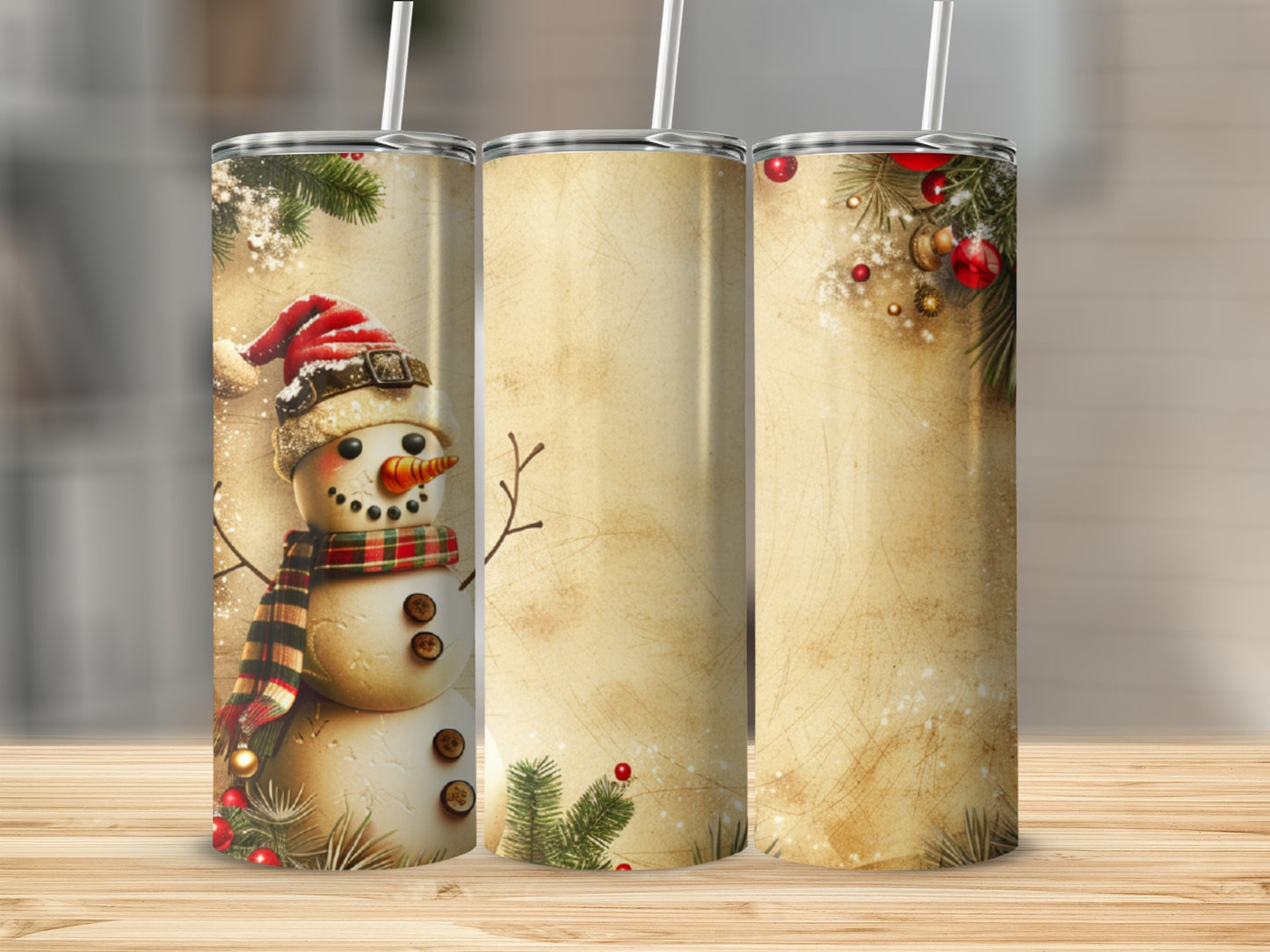 Snowman illustration on a tumbler with textured background.