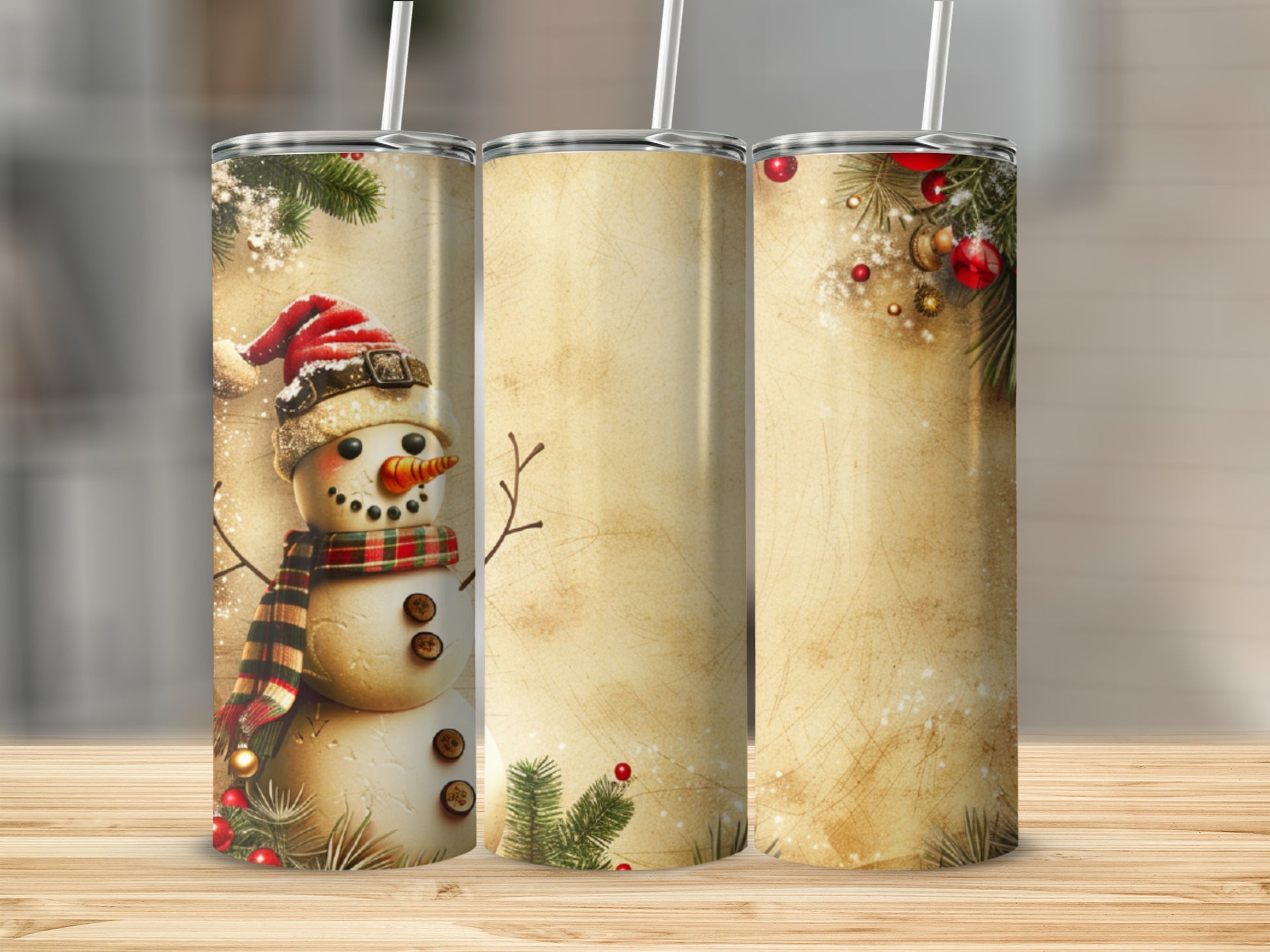 Snowman illustration on a tumbler with textured background.