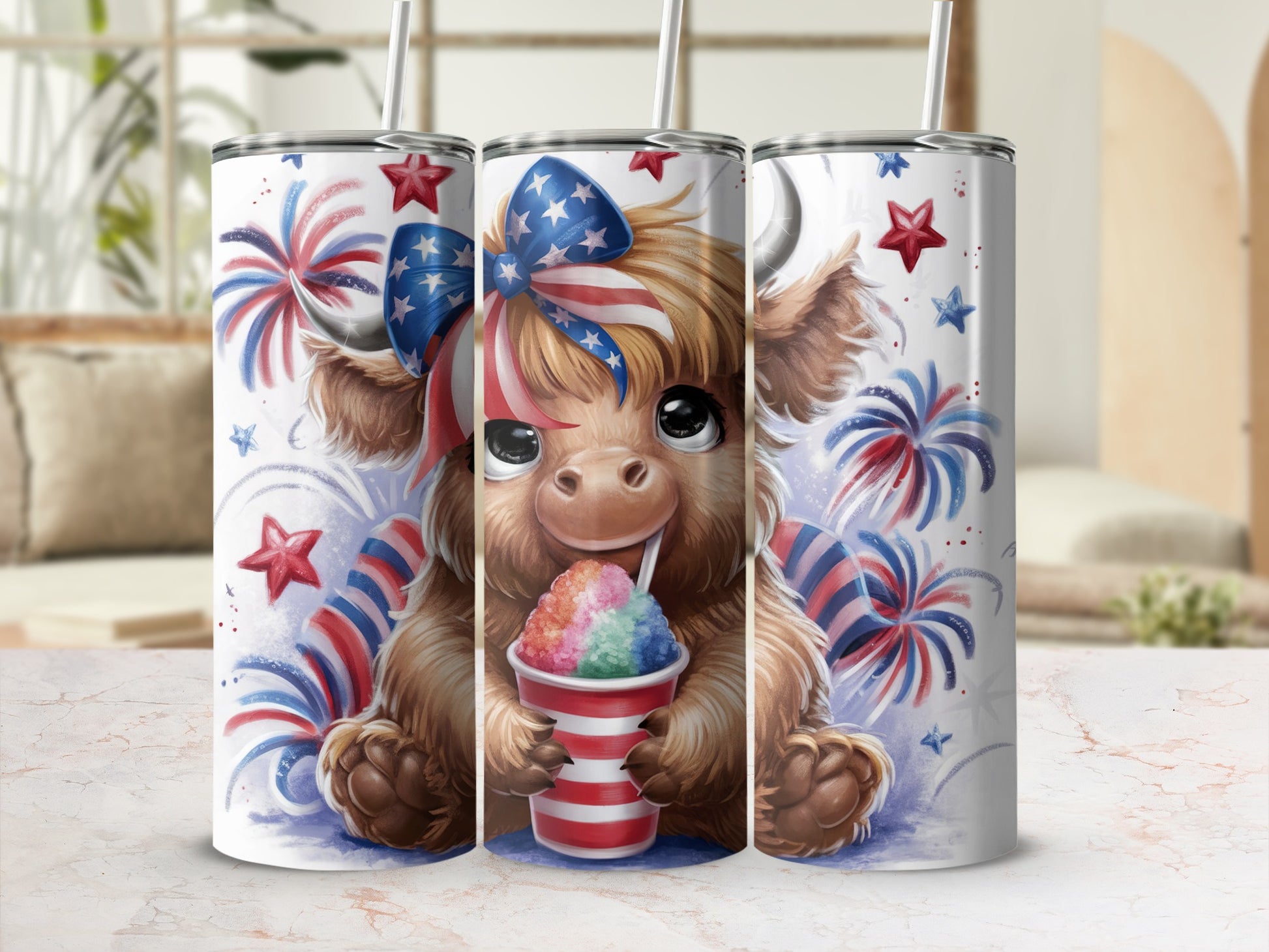 Highland cow with patriotic bow and colorful shaved ice, surrounded by fireworks.