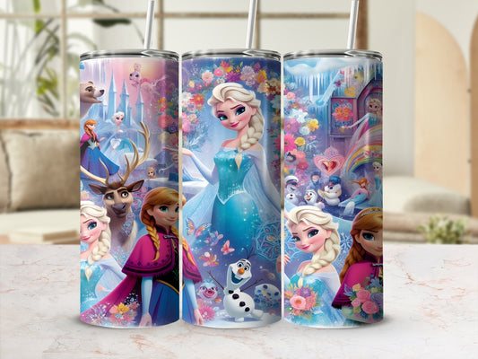 Three tumblers featuring Elsa from Frozen with Olaf and other characters.