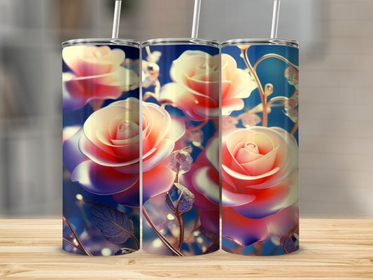 Three tumblers featuring a close-up of a pink rose with blue and gold accents.