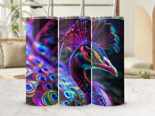 Three tumblers featuring a vibrant, colorful peacock design with iridescent feathers.