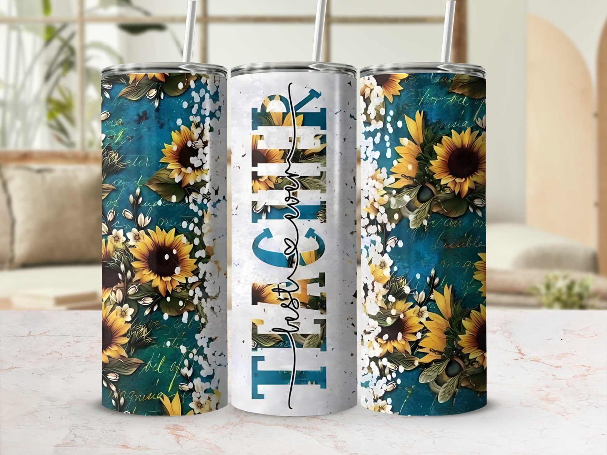 Sunflower tumbler with "Teacher" text on blue textured background.